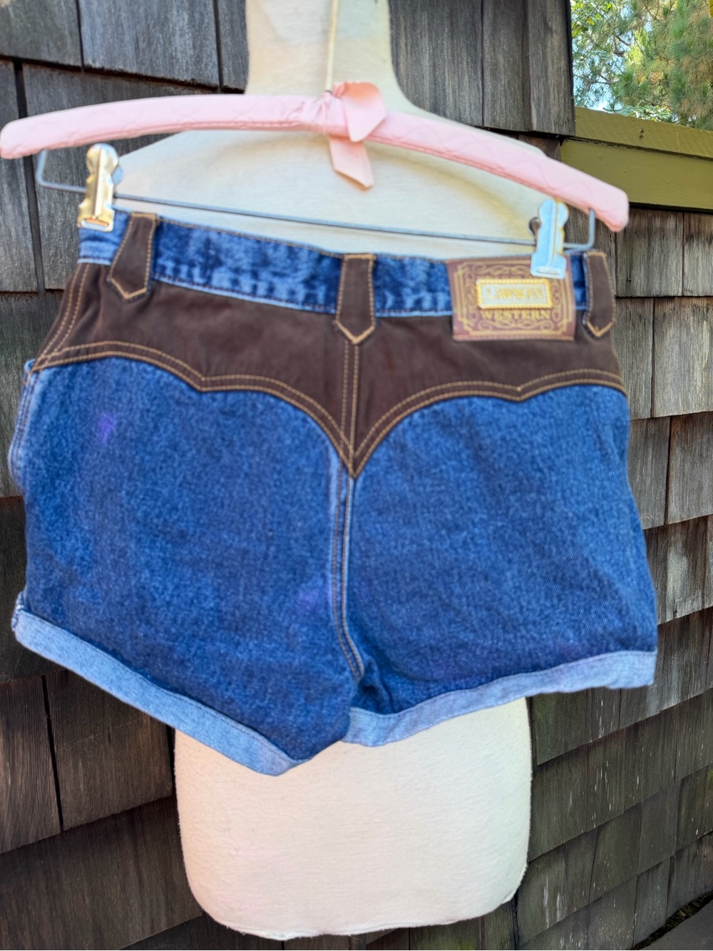 Vintage Lawman Western shorts blue jean brown faux suede pockets Sz 3 XS. - Picture 2 of 7